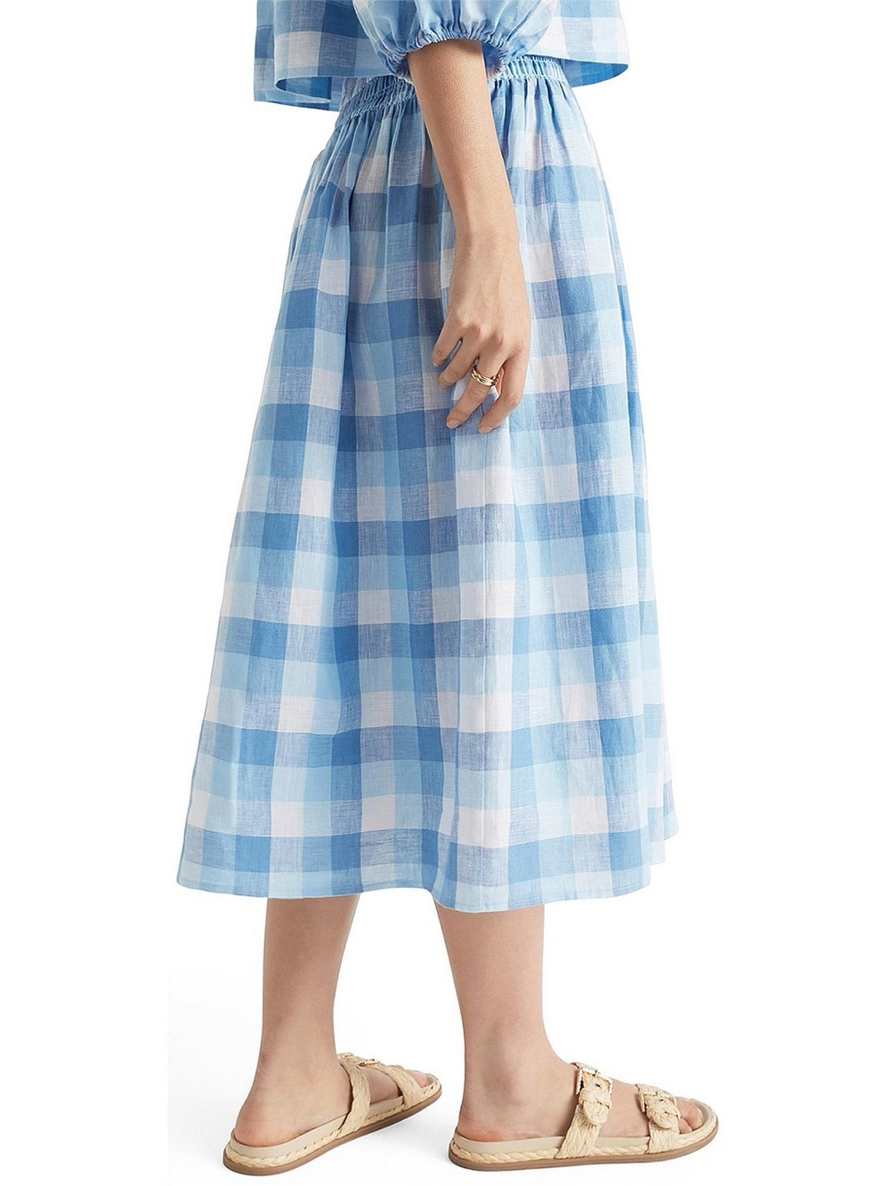 💯 Line Blue Gingham Midi Skirt with Elastic Waist